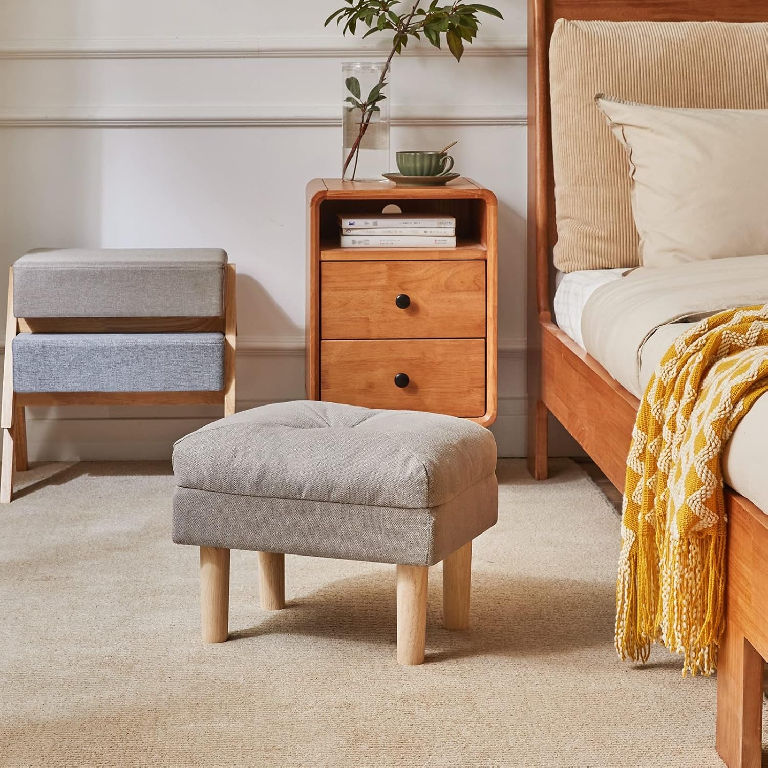Foot Stool, Ottoman Small, Chair with Sponge Padded Seat, Footrest, Shoes Changing Wooden Stool for Living Room, Bedroom, Entryway, 40×29×32CM, Grey HBD023G