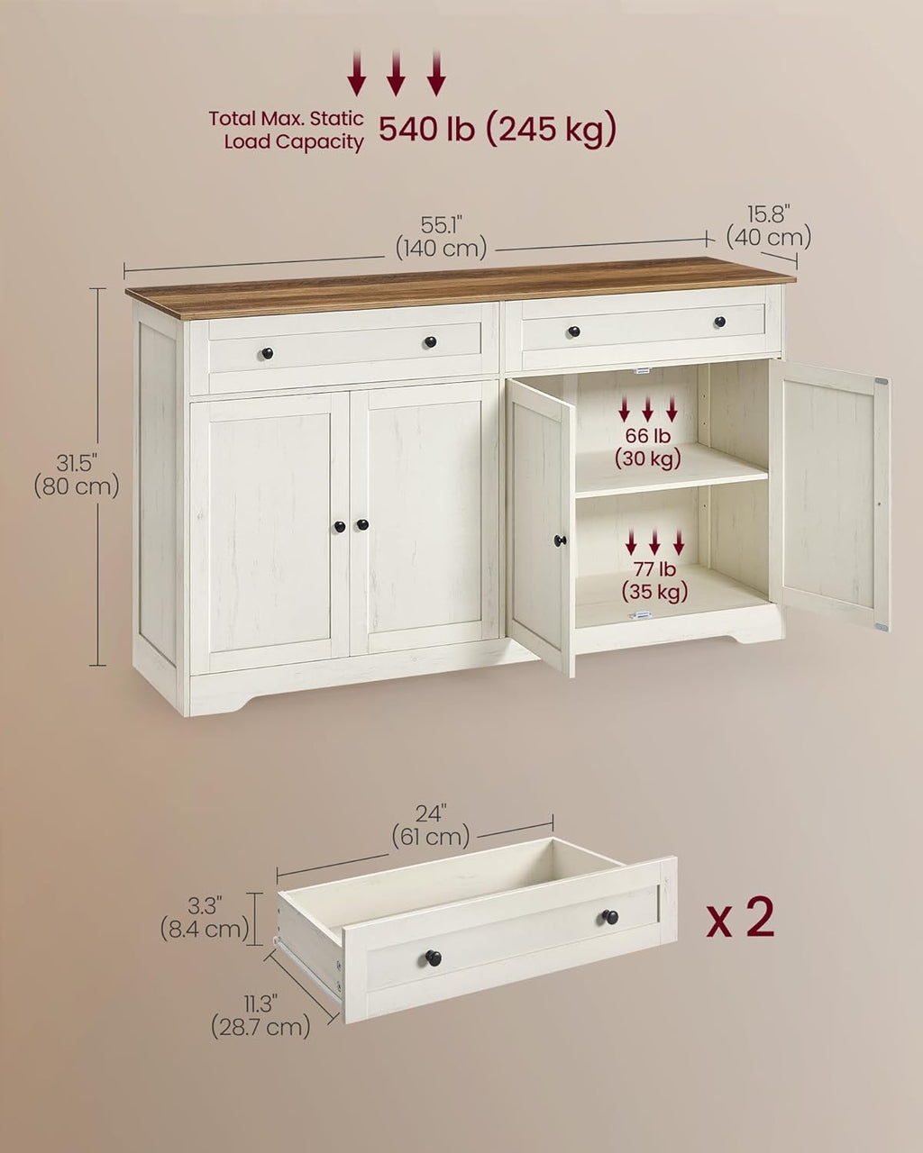 Collection - Storage Cabinet, Farmhouse Buffet Cabinet with 2 Drawers and Adjustable Shelves, 4 Doors, Sideboard, Coffee Bar, 40 X 140 X 80 Cm, Rustic White and Honey Brown SIREN LSC541WJ01