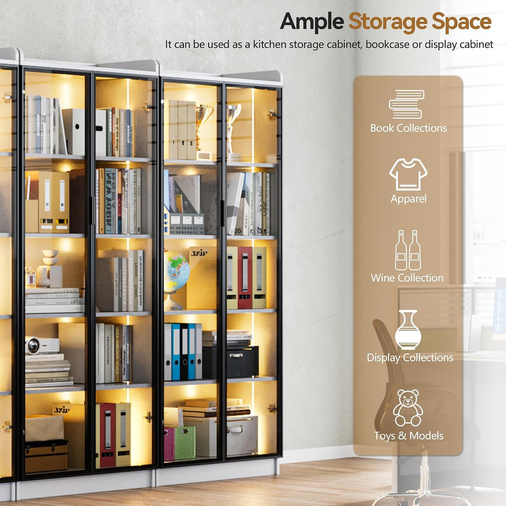 5-Tier Display Cabinet with Acrylic Door and Lights for Collectibles,White | 65" Bookcase with Human Sensor,Curio Storage Cabinet with Adjustable Shelf for Bedroom,Living Room,Office