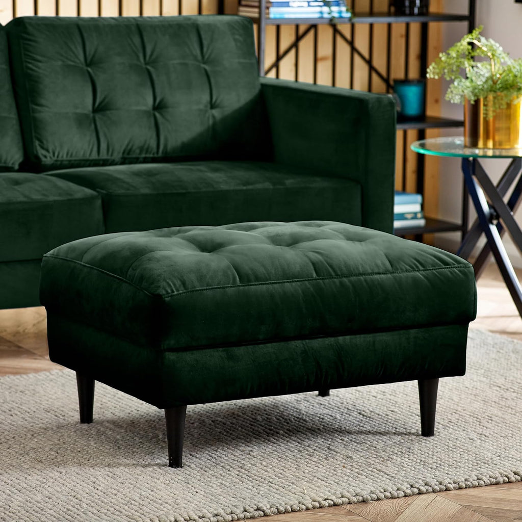 Joni Emerald Green Velvet Footstool - Upholstered Modern Green Fabric Foot Stool with Black Wooden Tapered Legs - Square Stitching - Stylish & Contemporary Living Room Furniture