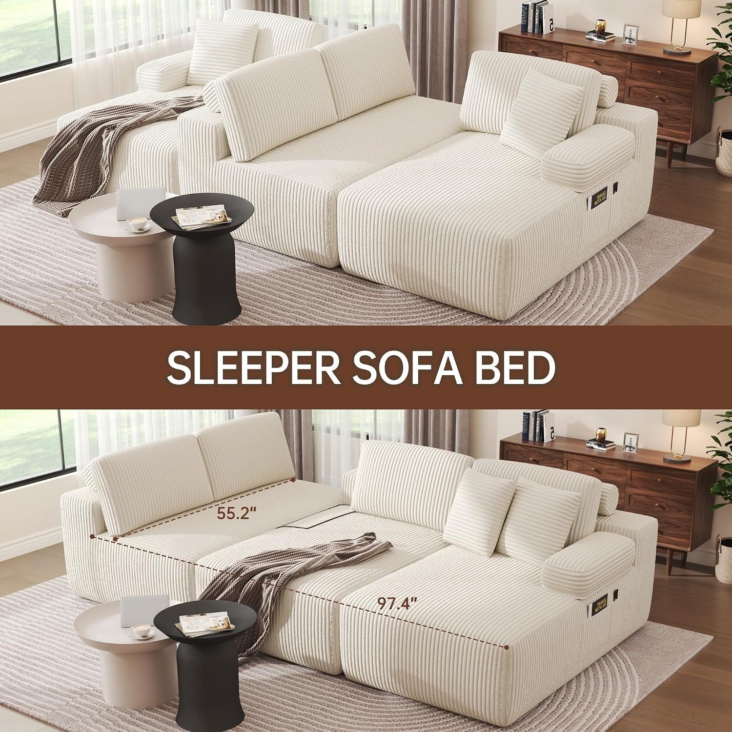 320Cm U Shaped Sofa Modular Convertible Boneless Couch | Comfort Sectional Sofa Couch, Modern Corduroy Deep Seat Couch, Convertible 4-Seater for Living Room (Beige)