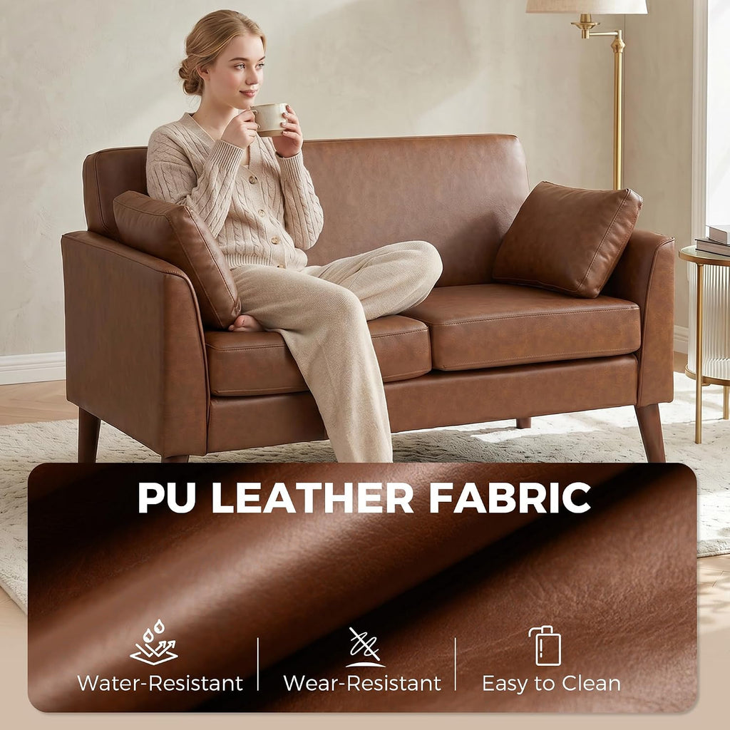 2 Seater Sofa 132 Cm PU Leather Upholstered for Small Space Brown | Modern Small Sofa, Loveseat, Solid Wood Legs, 2 Pillows, Couch Settee, Living Room, Bedroom, Home Office