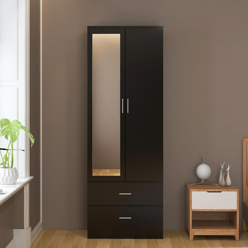 2 Door 2 Drawers Mirrored Wardrobe with Hanging Rail Wooden Clothes Storage Cupboards Unit for Bedroom Furniture 77 X 50 X 180 Cm (Black)