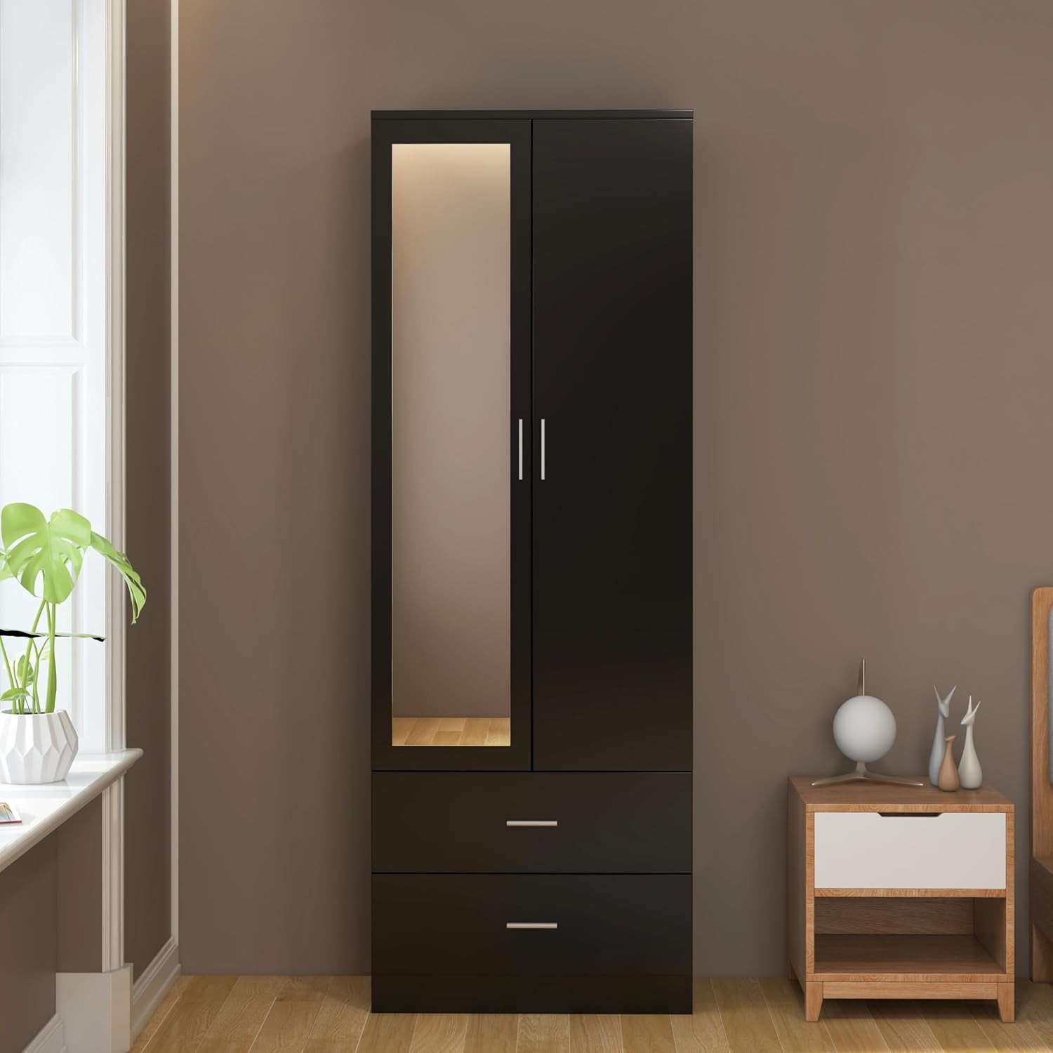 2 Door 2 Drawers Mirrored Wardrobe with Hanging Rail Wooden Clothes Storage Cupboards Unit for Bedroom Furniture 77 X 50 X 180 Cm (Black)