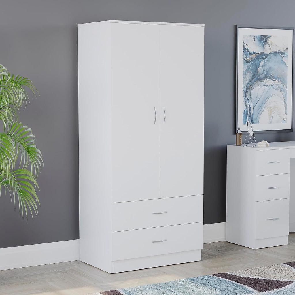 Riano 2 Door & 2 Drawer Wardrobe | White | Bedroom Furniture | 170H X 76W X 53D Cm | with Shelf & Hanging Rail | Large Capacity Storage