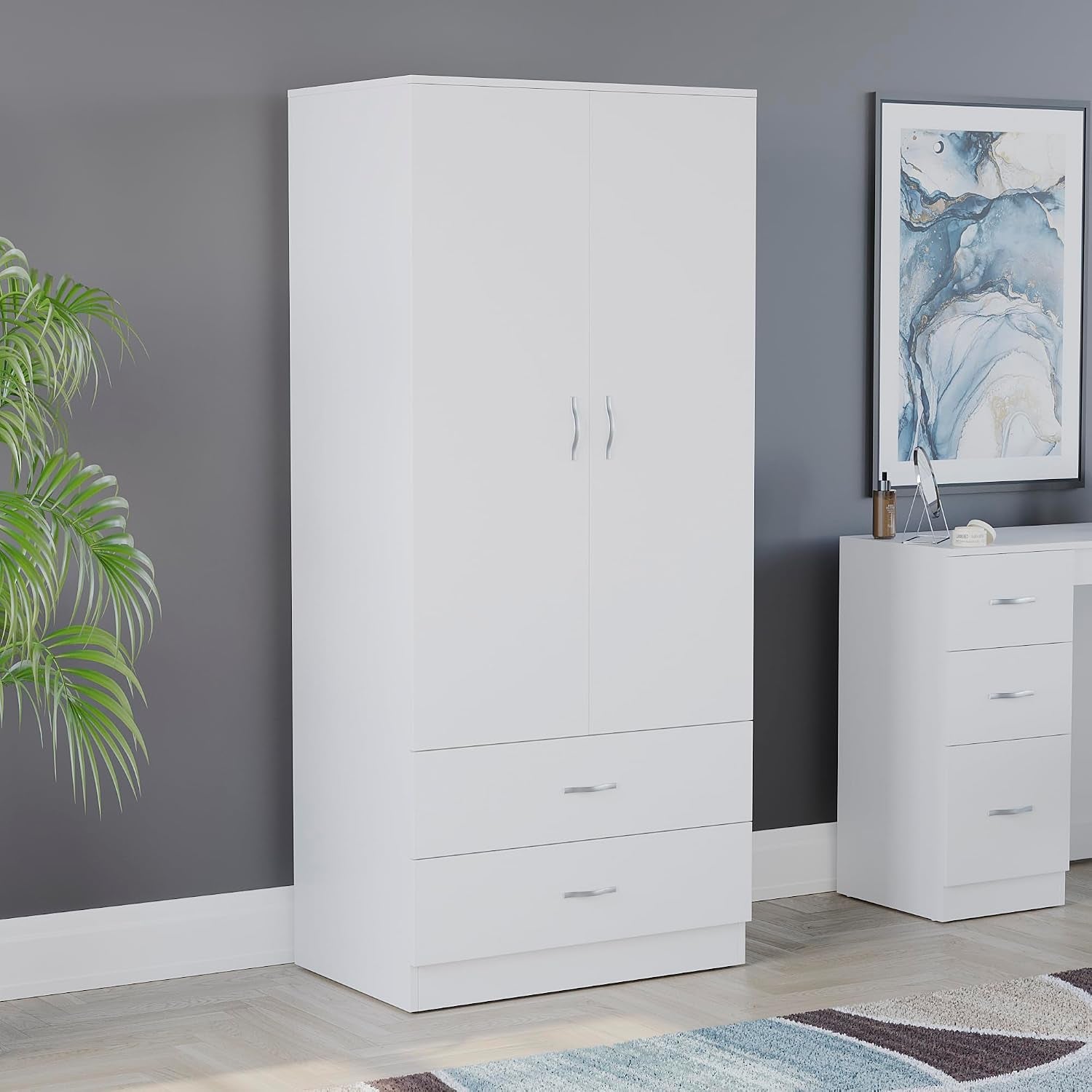 Riano 2 Door & 2 Drawer Wardrobe | White | Bedroom Furniture | 170H X 76W X 53D Cm | with Shelf & Hanging Rail | Large Capacity Storage