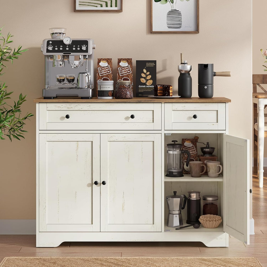 Collection - Storage Cabinet, Farmhouse Buffet Cabinet with 2 Drawers and Adjustable Shelves, 3 Doors, Sideboard, Coffee Bar, 40 X 107 X 80 Cm, Rustic White and Honey Brown SIREN LSC531WJ01