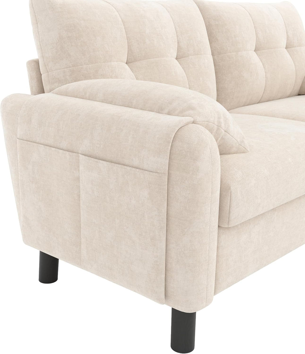 2 Seater Chenille Sofa Small Sofa with Soft Cushioned Seat Beige | Two Seater Sofa with Pillow‑Style Armrests and Side Storage Pocket, Loveseat for Small Living Rooms, Bedrooms and Apartments