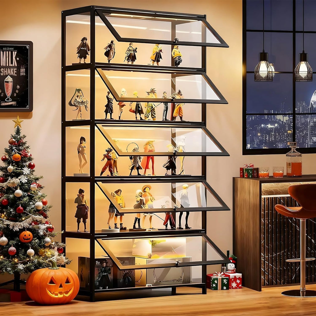 Display Cabinet with Acrylic Glass Door, 5 Tier Curio Display Case, Collectibles Toy Organizers Rack & Display Shelf, Kids Bookcase for Bedroom Reading Room (Black-Flip Door)