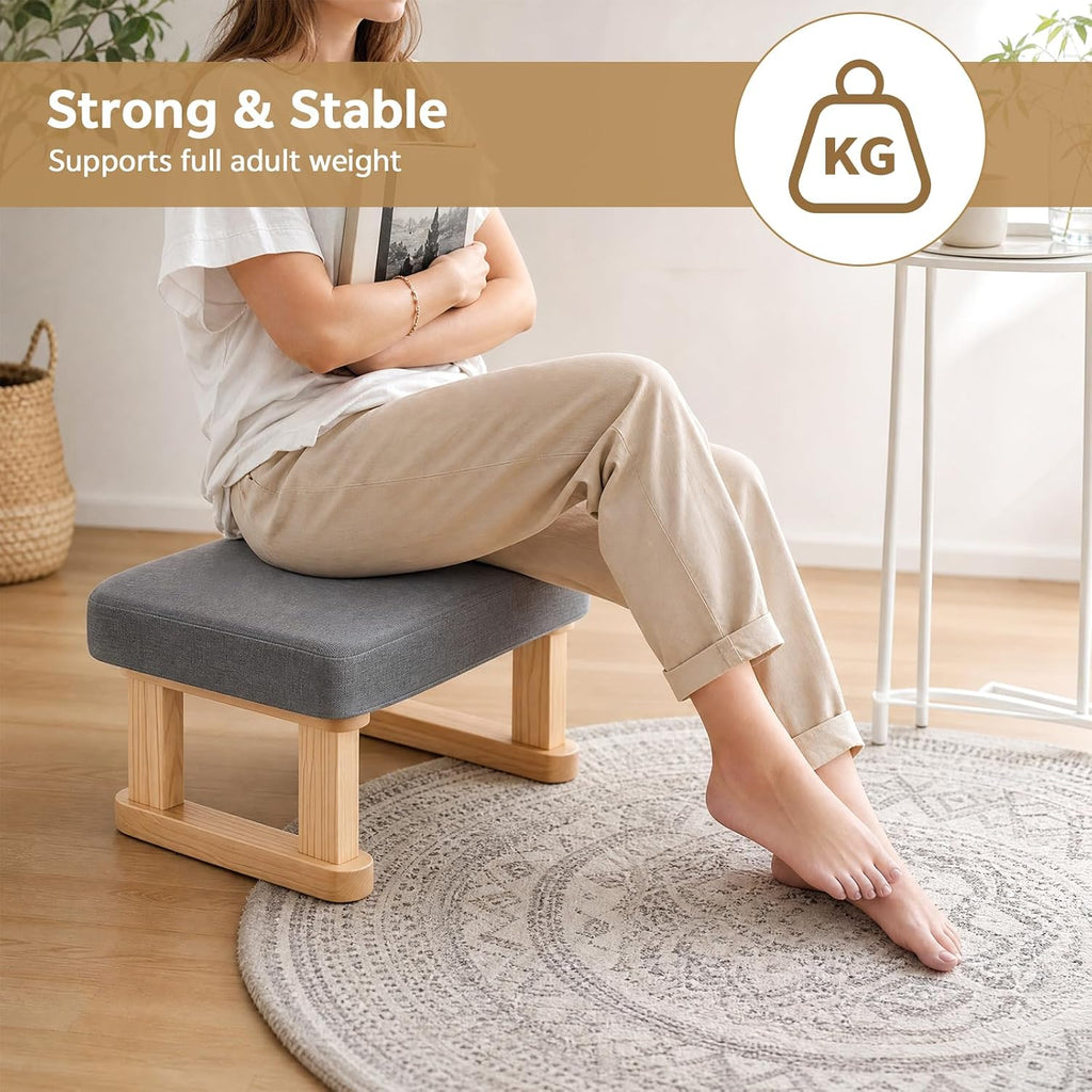 Small Footstool, Lightweight Pouffe Footstool with Stable Wooden Legs and Removable Soft Cushion Cover, Modern Foot Rest under Desk for Living Room Bedroom Office Hallway Entryway (Dark Gray)