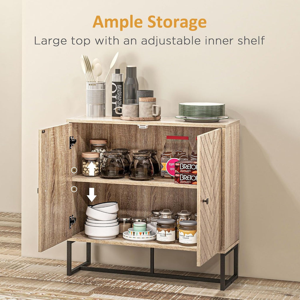 Sideboard Buffet Cabinet with Chevron Doors Metal Base Natural | Modern Accent Cabinet, Freestanding Storage Cupboard, Adjustable Shelf, Living Room, Dining Room