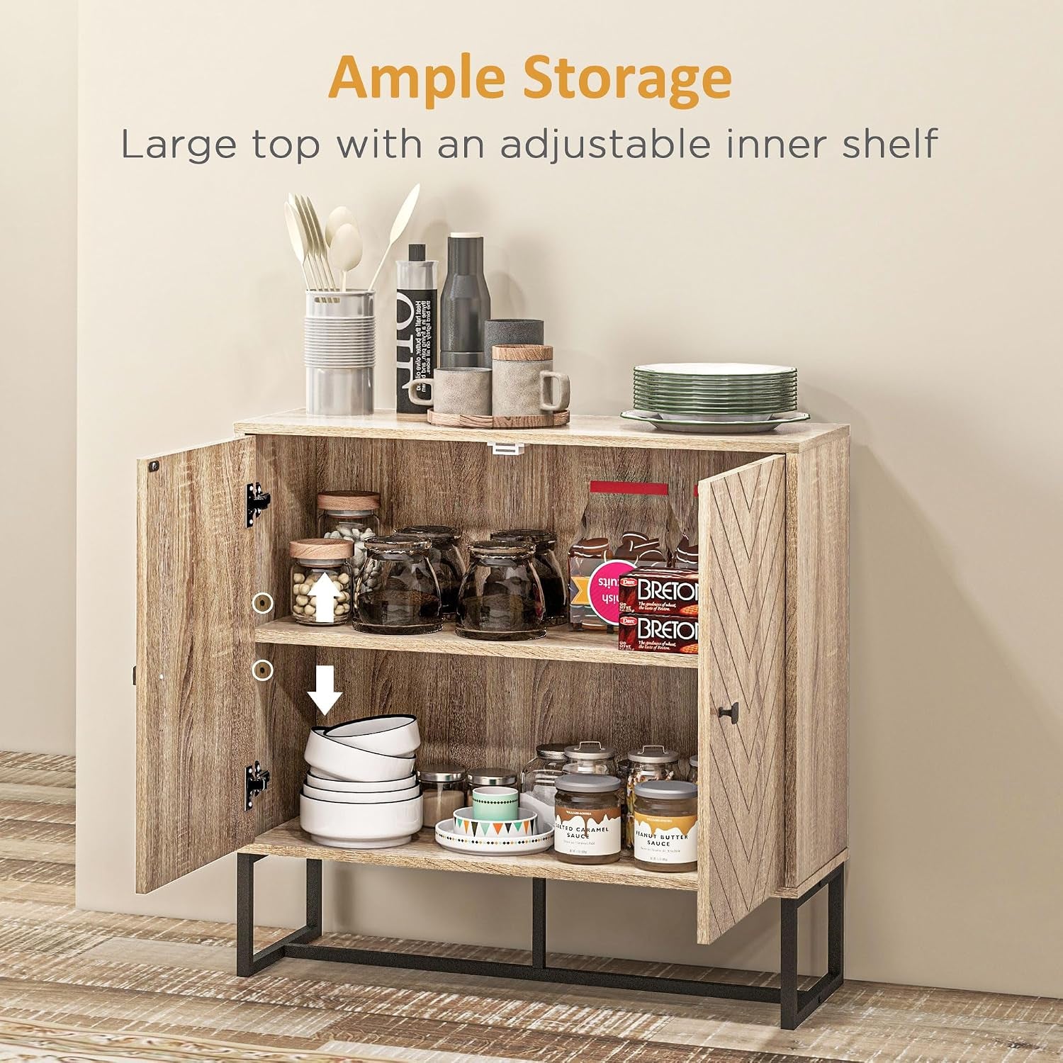 Sideboard Buffet Cabinet with Chevron Doors Metal Base Natural | Modern Accent Cabinet, Freestanding Storage Cupboard, Adjustable Shelf, Living Room, Dining Room