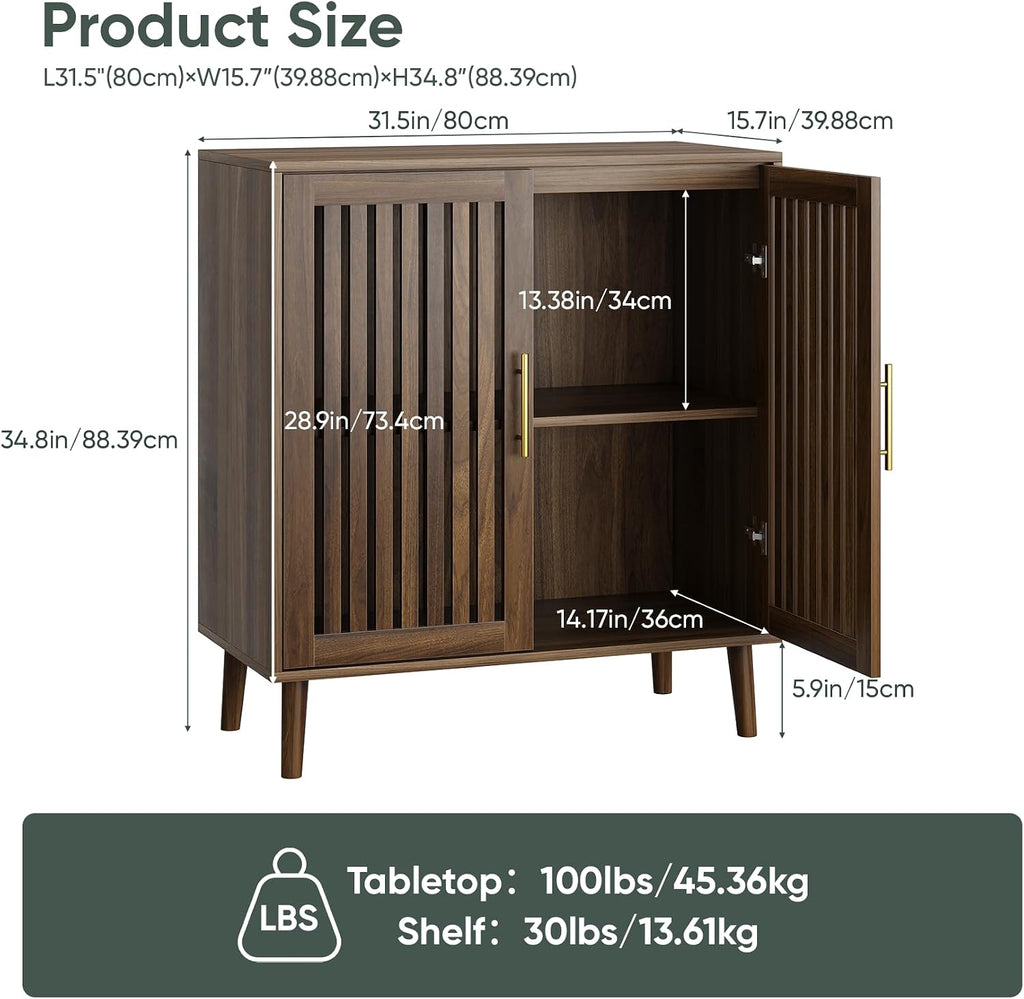 Sideboard Cabinet, Farmhouse Buffet Cabinet with Slatted Doors & Adjustable Shelf, Coffee Bar Storage Cabinet for Kitchen, Dining Room, Living Room, Entryway, Walnut, 80Cm Wide
