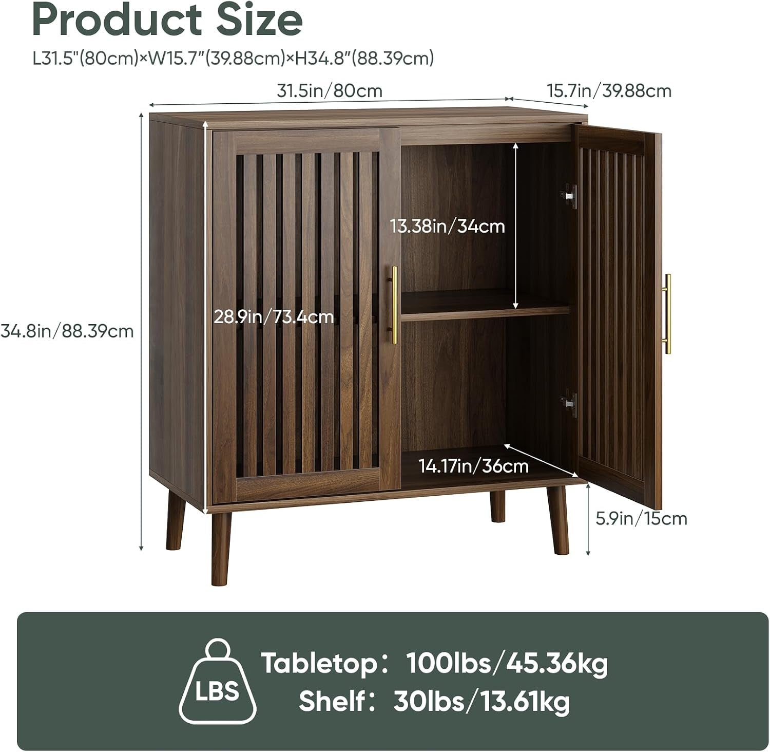Sideboard Cabinet, Farmhouse Buffet Cabinet with Slatted Doors & Adjustable Shelf, Coffee Bar Storage Cabinet for Kitchen, Dining Room, Living Room, Entryway, Walnut, 80Cm Wide