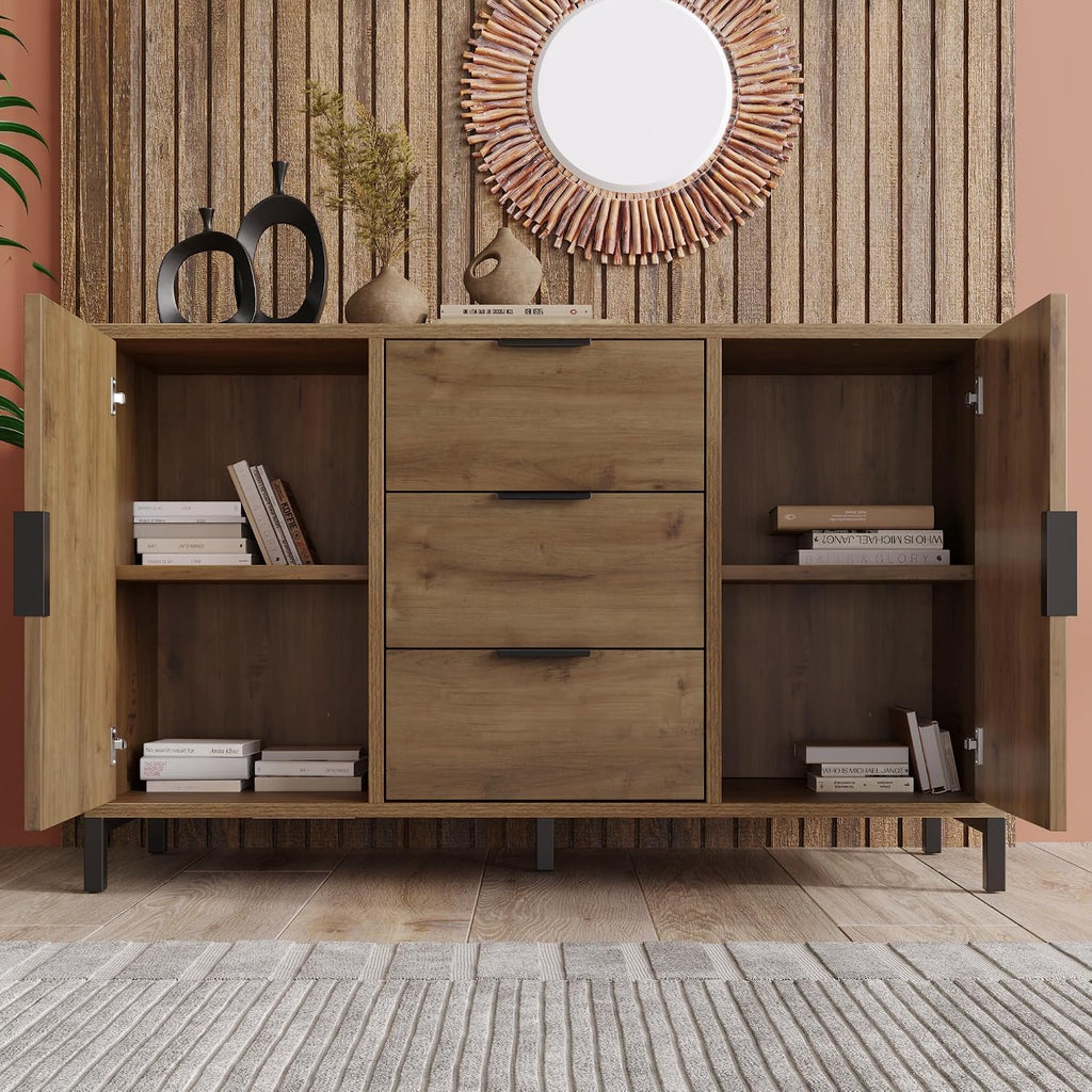 Sideboard Cabinet Cupboard with 2 Doors and 3 Drawers, Rustic Sideboards for Living Room, Kitchen, and Hallway, Adjustable Shelf, 120 X 40 X 76 Cm, Dark Oak