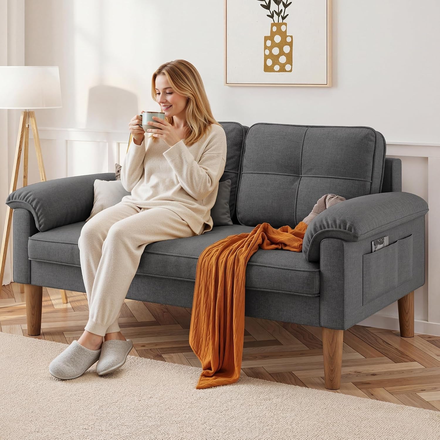 2-Seater Sofa, Small Couch 2-Seater with Armrest and Side Pocket, Modern Fabric Couch for Living Room, Home, Office, Easy Assembly, 145 X 77 X 77 Cm