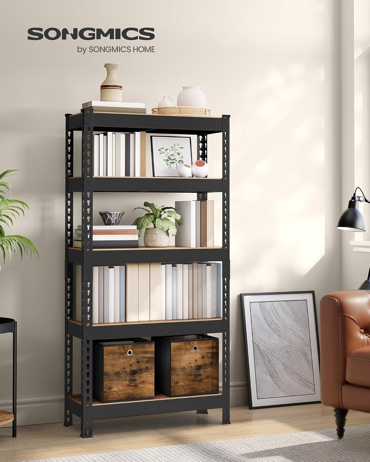 5-Tier Shelving Unit, Storage Shelves for Study | Boltless Assembly, Adjustable Shelves, 30 X 75 X 150 Cm, Load 875 Kg, Rustic Brown, GLR300B11