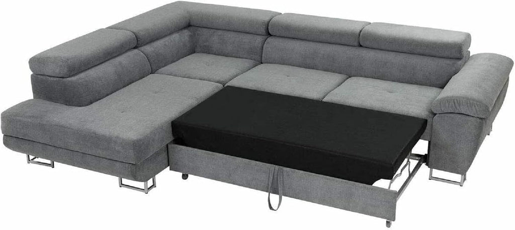 Ashbourne Grey Corner Sofa Bed with Storage – L Shaped Fabric Sofa Bed – Pull Out Double Sleeper Couch – 5 Seater Modern Sofa for Living Room – Left & Right Hand Options