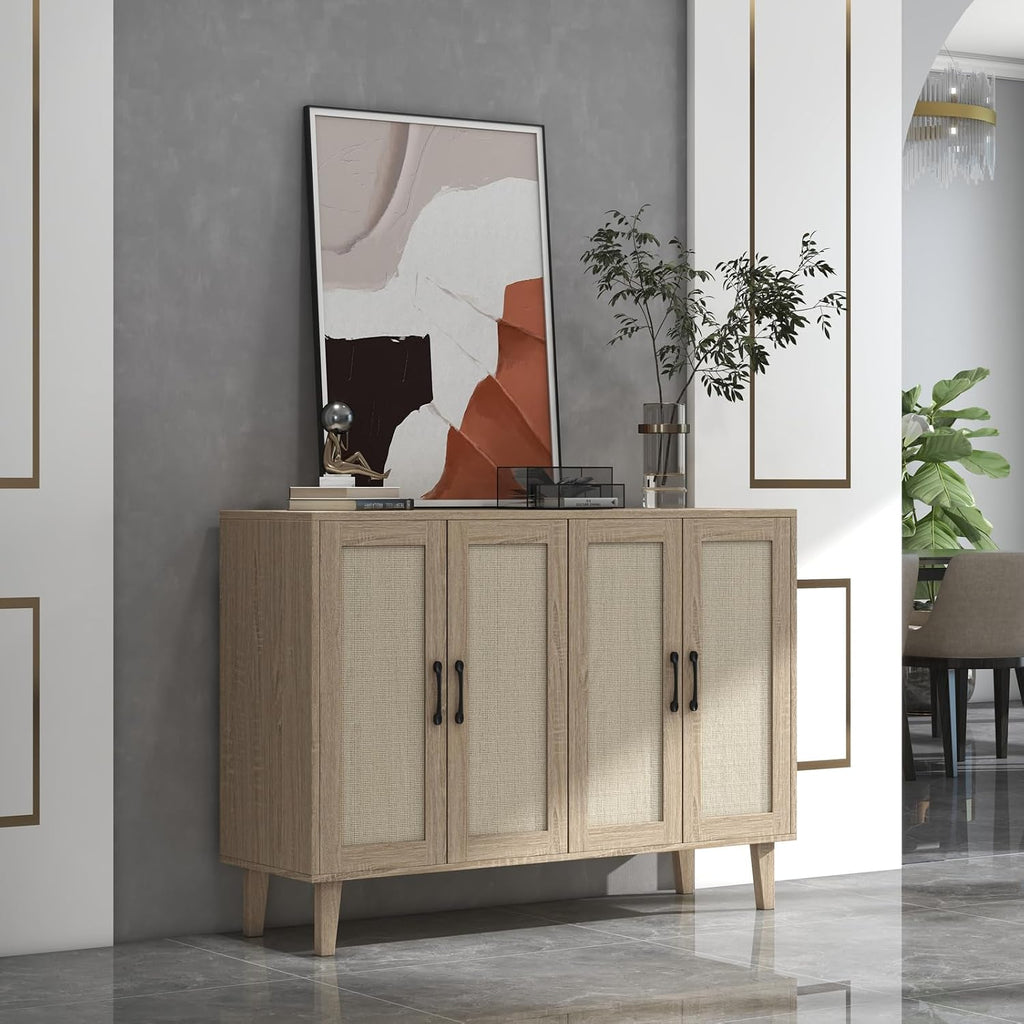 Buffet Storage Cabinet with Rattan Decorating Living Room Wood Kitchen Sideboard Accent Cabinet (Natural Wood, 123(W) X 38(D) X 88(H))