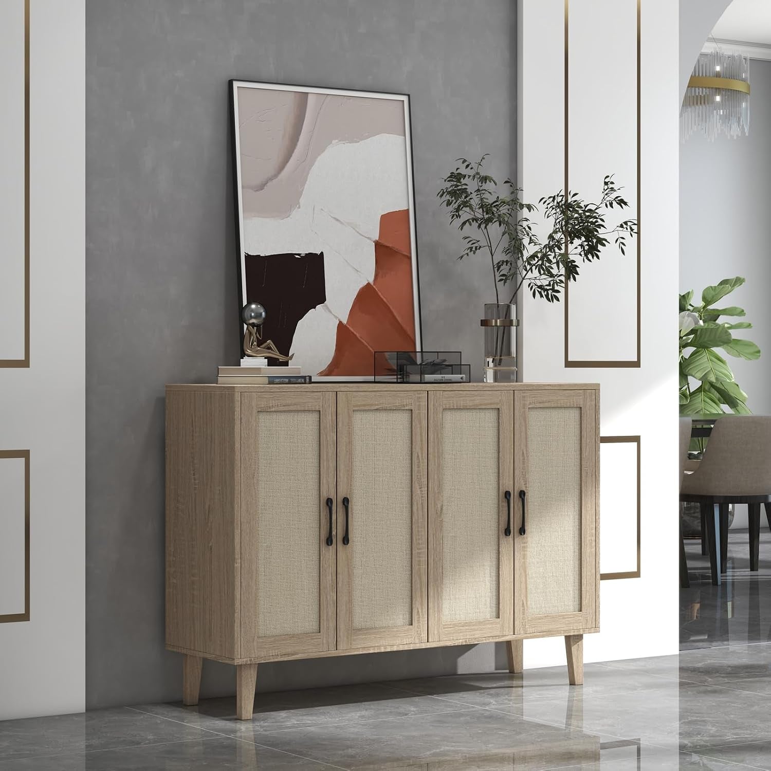 Buffet Storage Cabinet with Rattan Decorating Living Room Wood Kitchen Sideboard Accent Cabinet (Natural Wood, 123(W) X 38(D) X 88(H))
