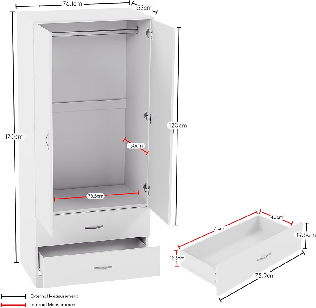 Riano 2 Door & 2 Drawer Wardrobe | White | Bedroom Furniture | 170H X 76W X 53D Cm | with Shelf & Hanging Rail | Large Capacity Storage