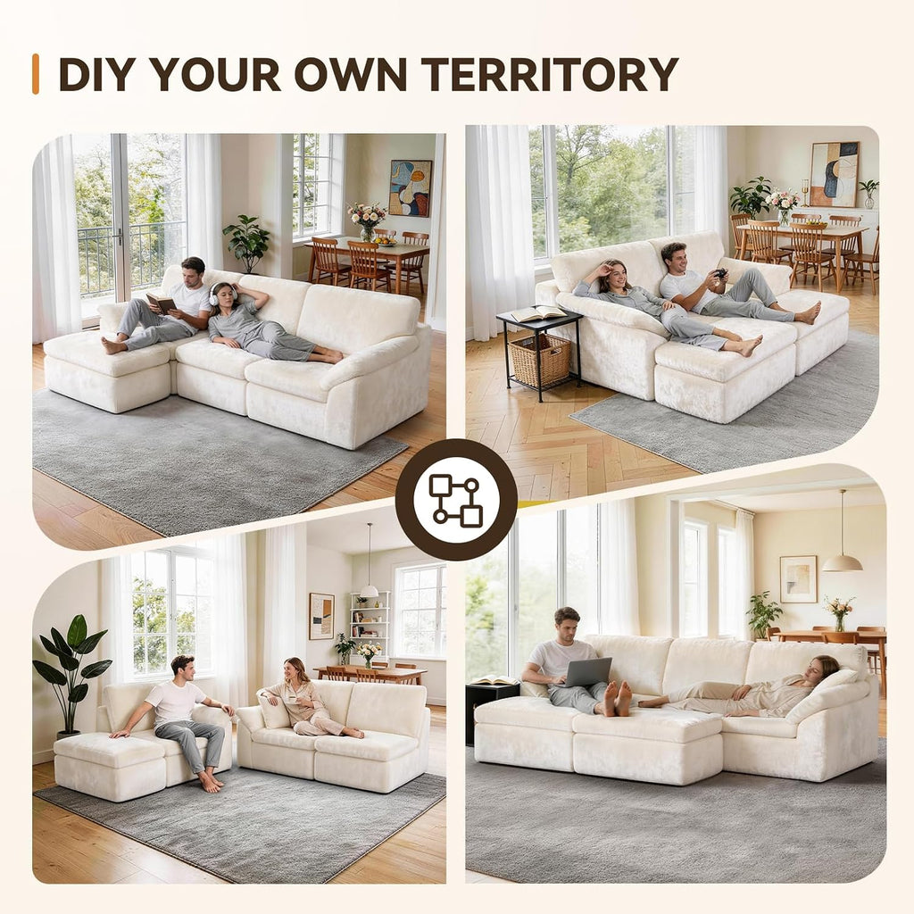 Boneless Cloud Sectional Sofa, 240Cm Modular Chenille Couch, Beige | No Assembly Needed, Expands in 72Hrs, 380Gsm Skin-Friendly Chenille Fabric, Perfect for Living Rooms & Apartments