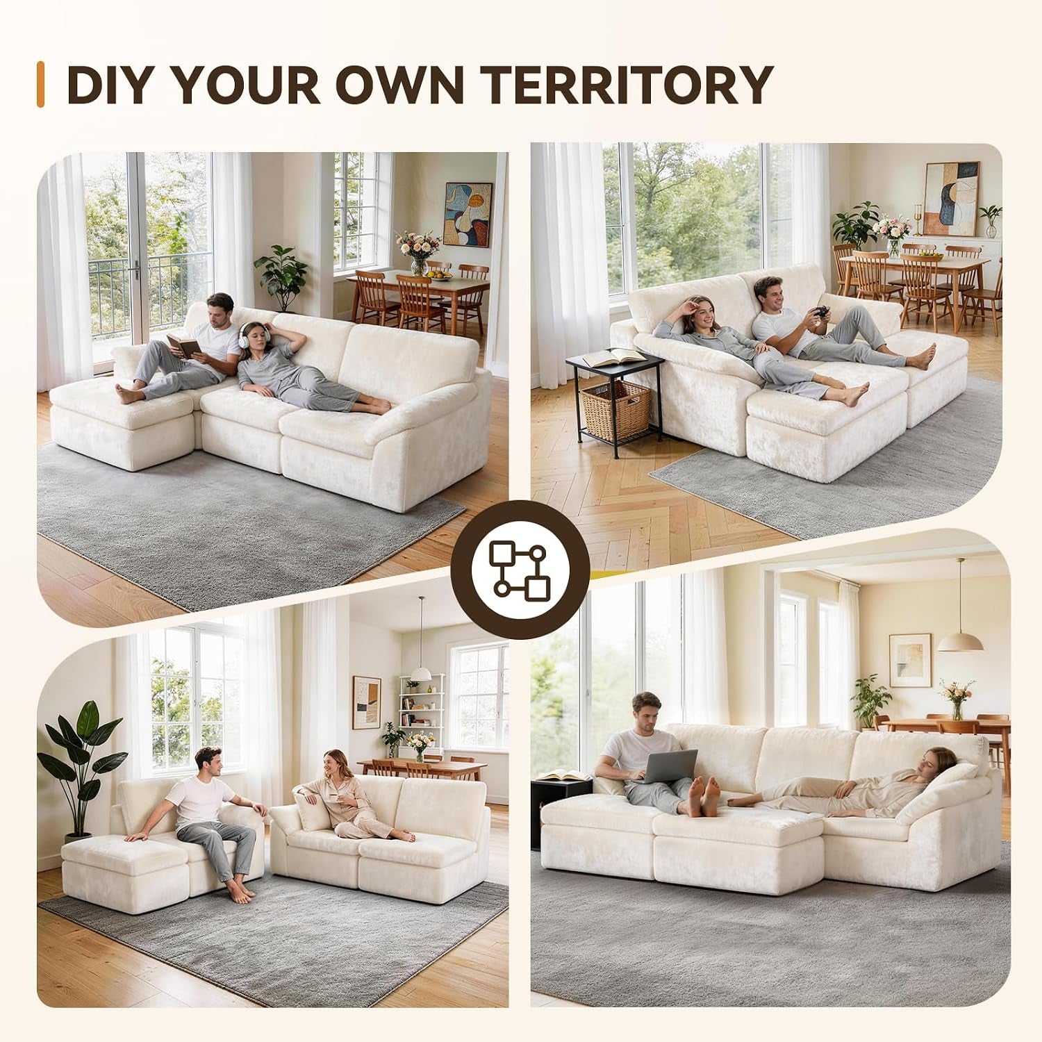 Boneless Cloud Sectional Sofa, 240Cm Modular Chenille Couch, Beige | No Assembly Needed, Expands in 72Hrs, 380Gsm Skin-Friendly Chenille Fabric, Perfect for Living Rooms & Apartments
