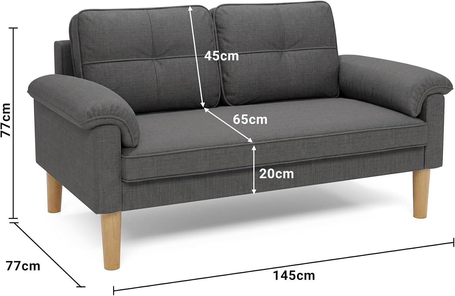 2-Seater Sofa, Small Couch 2-Seater with Armrest and Side Pocket, Modern Fabric Couch for Living Room, Home, Office, Easy Assembly, 145 X 77 X 77 Cm