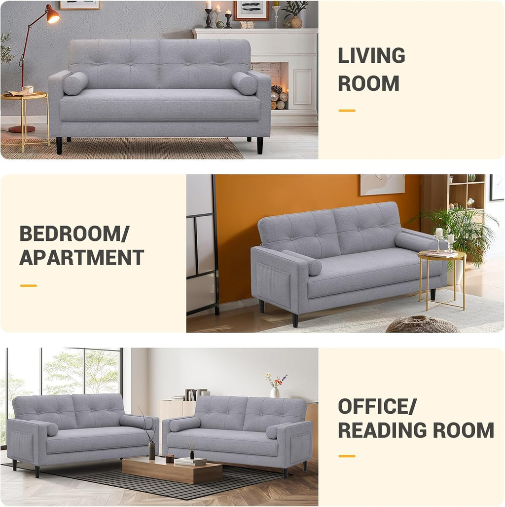2 Seater Sofa, Thick Cushions,2 Pillows & Pockets (Ash Grey) | Comfy Linen 2 Seater Sofa Couch, 2 Pillows & Side Pockets Storage, Ergonomic Design, Easy Assembly for Living Room, Office