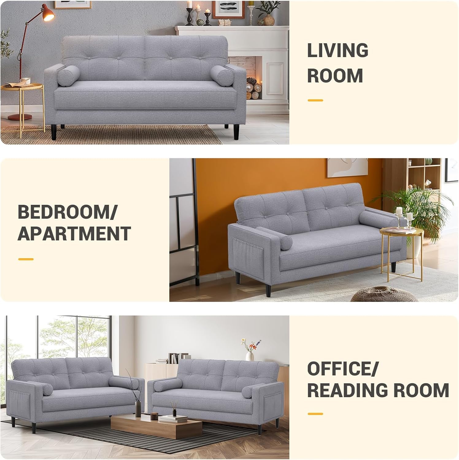 2 Seater Sofa, Thick Cushions,2 Pillows & Pockets (Ash Grey) | Comfy Linen 2 Seater Sofa Couch, 2 Pillows & Side Pockets Storage, Ergonomic Design, Easy Assembly for Living Room, Office