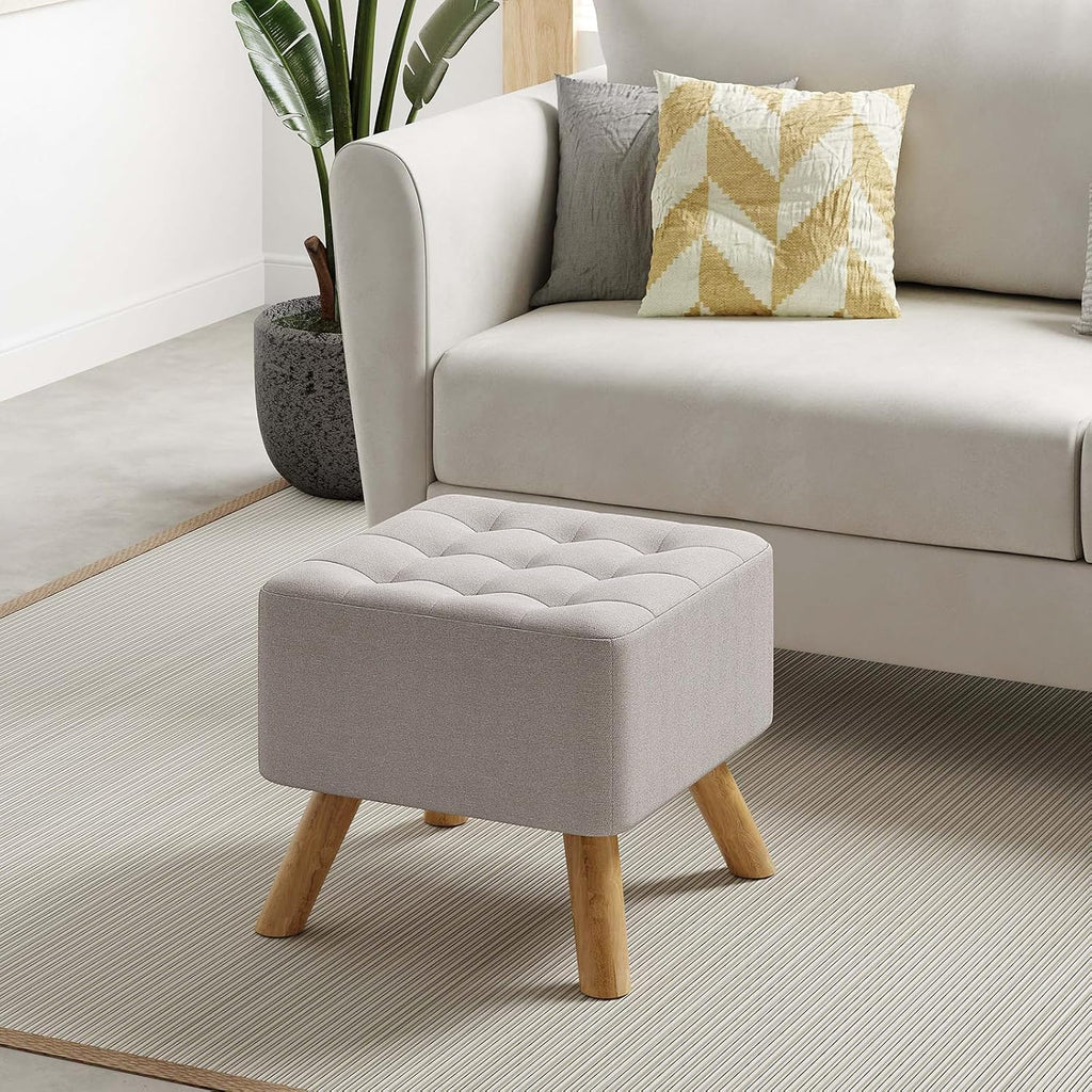 Linen Fabric Footstool Square Upholstered Stool Pouffe Stool Change Shoe Footrest Wooden Legs for Living Room Bedroom (Beige)