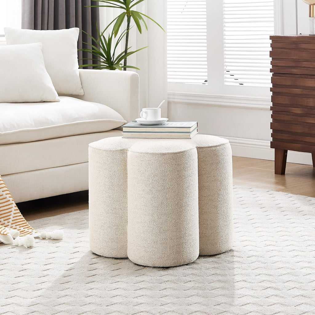 Petal Ottoman Foot Stool, Flower-Shaped Pouffe Footstool, Beige | Linen Upholstered Vanity Stool, Wood Frame, 125Kg Capacity, No Assembly, Foot Rest for Sofa Living Room Bedroom