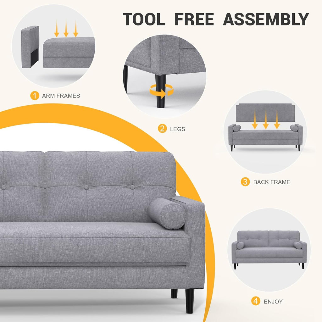 2 Seater Sofa, Thick Cushions,2 Pillows & Pockets (Ash Grey) | Comfy Linen 2 Seater Sofa Couch, 2 Pillows & Side Pockets Storage, Ergonomic Design, Easy Assembly for Living Room, Office