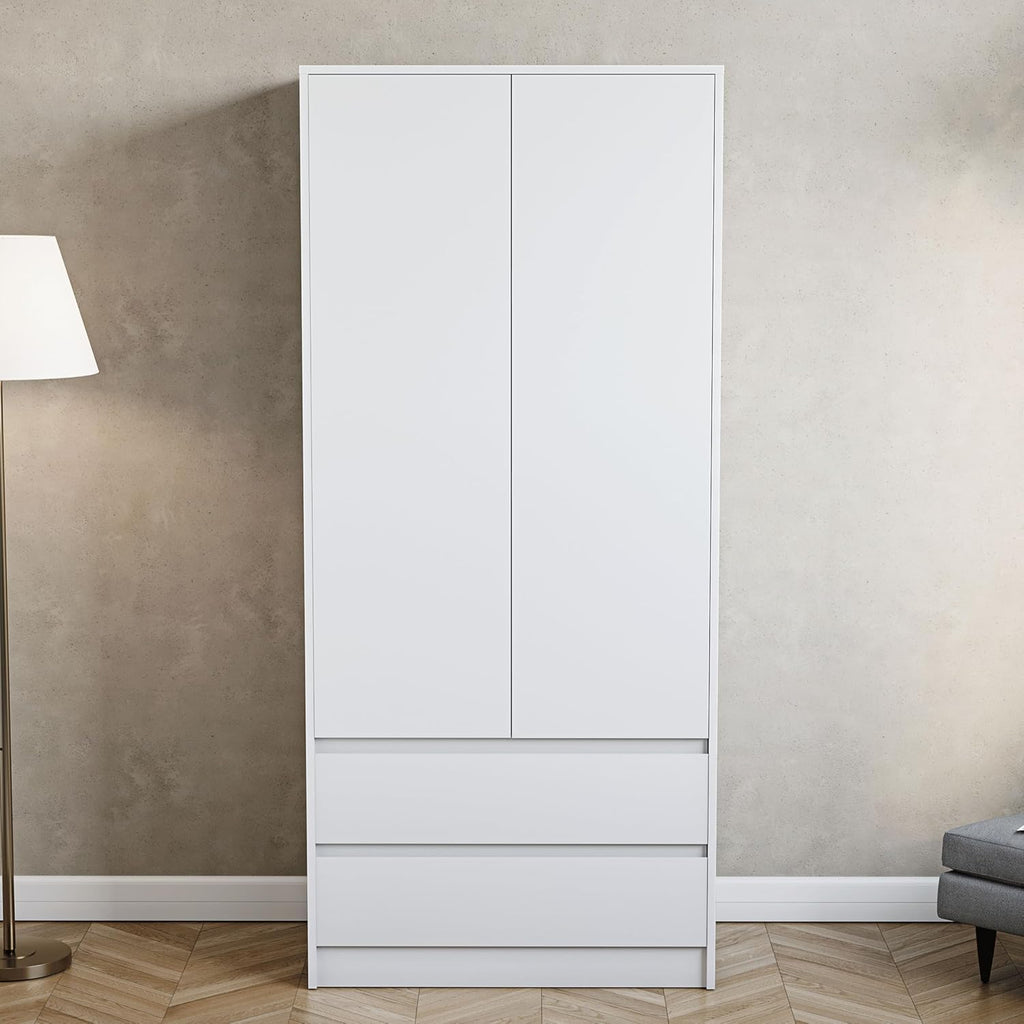Denver 2 Door & 2 Drawer Wardrobe | White | Bedroom Furniture | 174H X 76W X 53D Cm | with Spacious Drawers & Hanging Rail | Large Capacity Storage