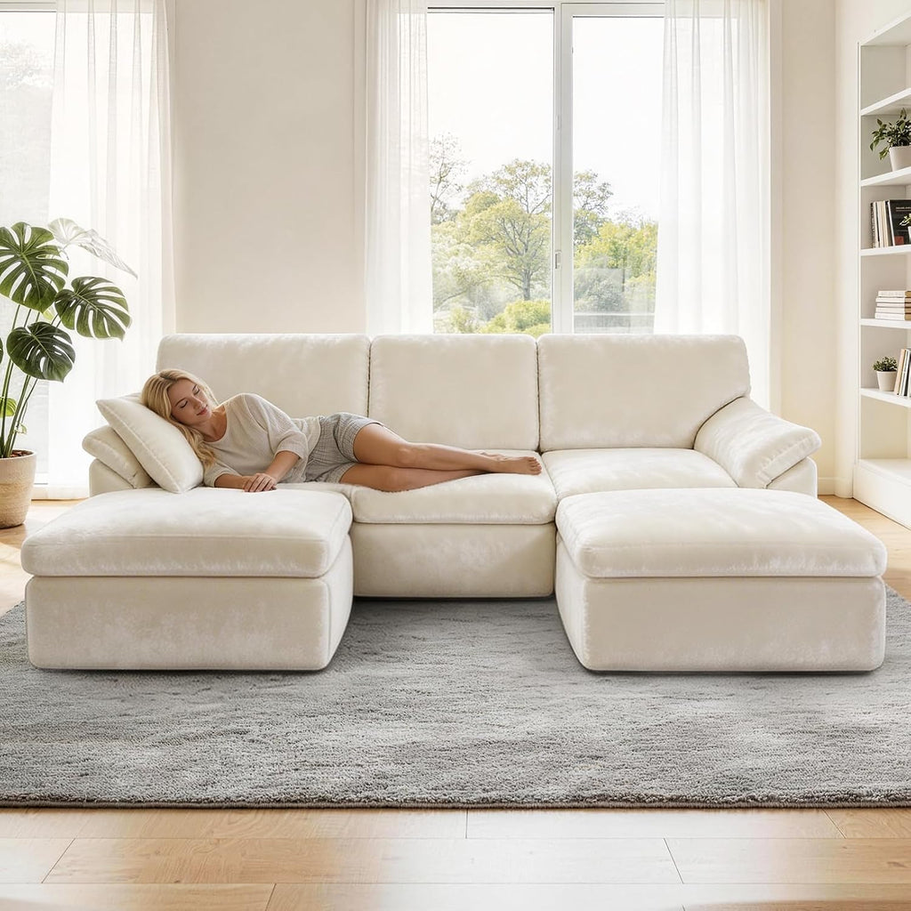 Boneless Cloud Sectional Sofa, 240Cm Modular Chenille Couch, Beige | No Assembly Needed, Expands in 72Hrs, 380Gsm Skin-Friendly Chenille Fabric, Perfect for Living Rooms & Apartments
