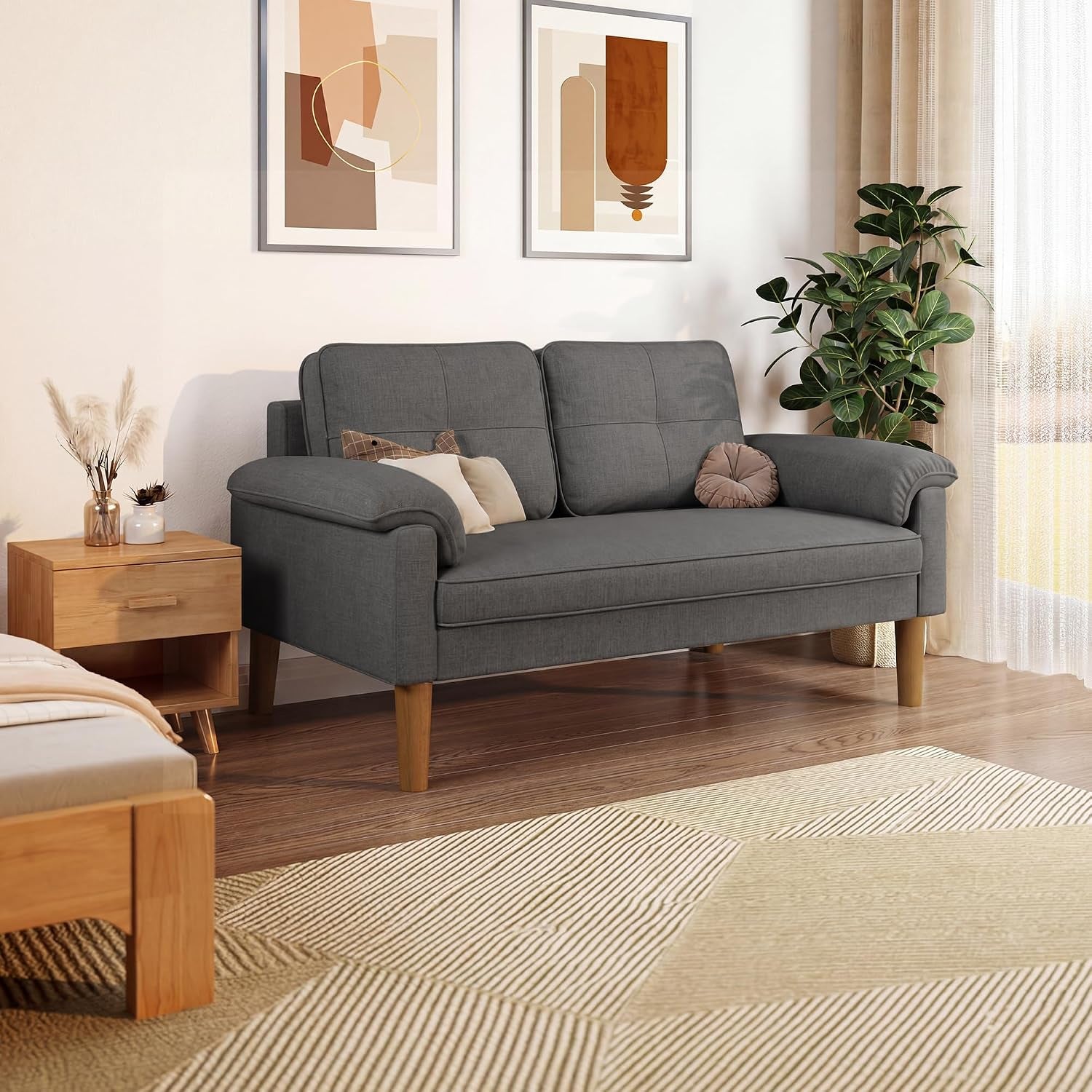 2-Seater Sofa, Small Couch 2-Seater with Armrest and Side Pocket, Modern Fabric Couch for Living Room, Home, Office, Easy Assembly, 145 X 77 X 77 Cm