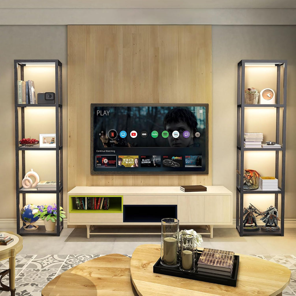 67" Glass Display Shelf with Dimmable LED Floor Lamp, Collectibles Display Cabinet with Remote & App Control, 5 Tier Open Bookshelf Lamp for Living Room, Bedroom, Office, Home Decor, Black | Remote Control and App Control, Open Bookcase Light for Living Room and Bedroom, Black