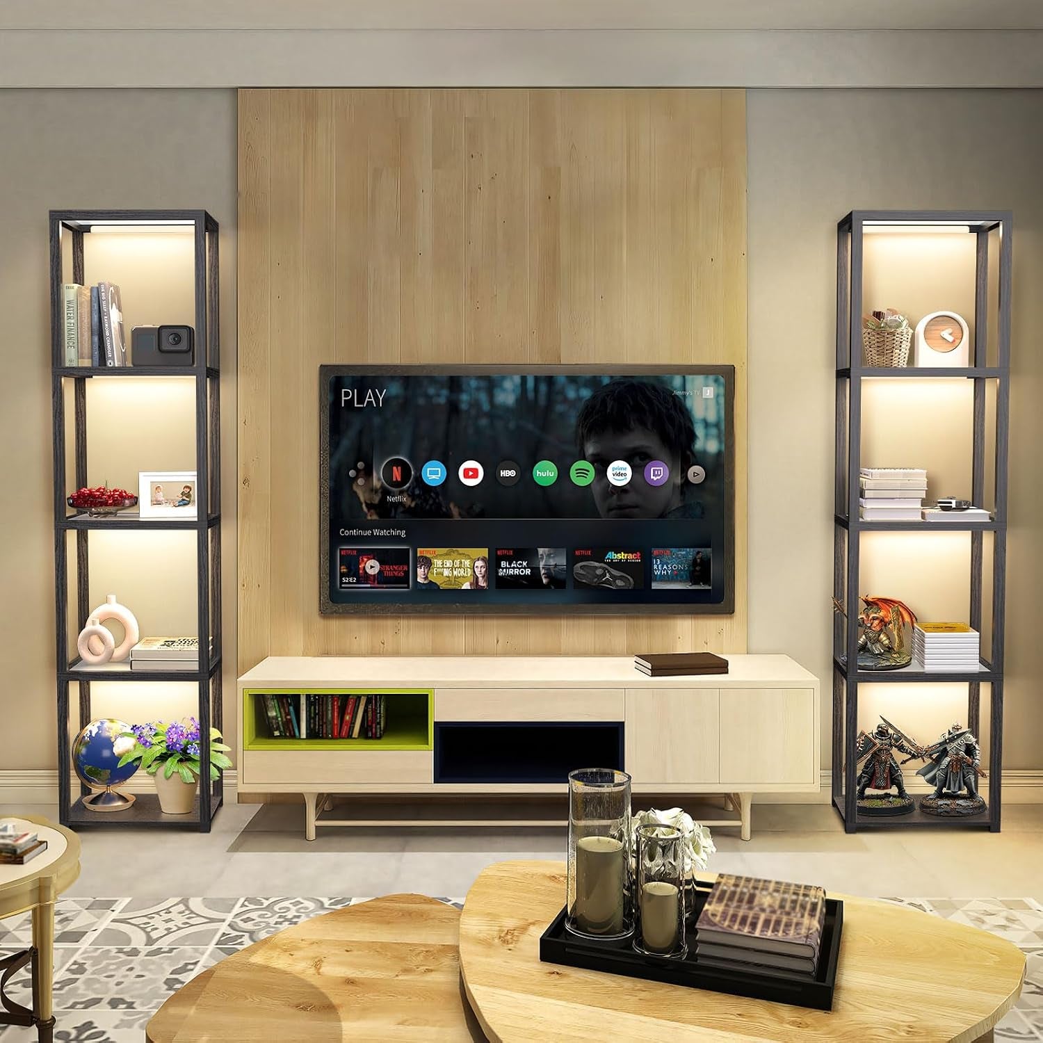 67" Glass Display Shelf with Dimmable LED Floor Lamp, Collectibles Display Cabinet with Remote & App Control, 5 Tier Open Bookshelf Lamp for Living Room, Bedroom, Office, Home Decor, Black | Remote Control and App Control, Open Bookcase Light for Living Room and Bedroom, Black