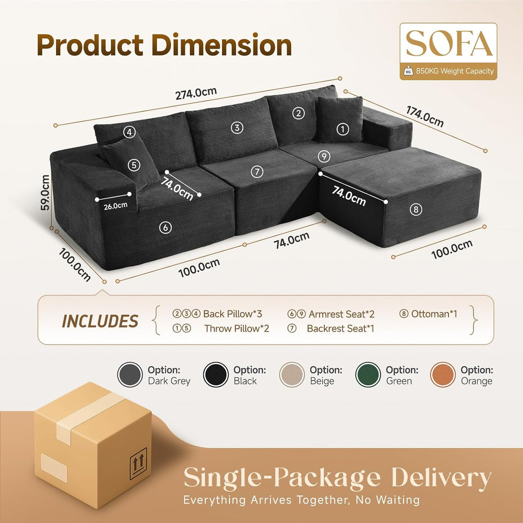 275 Cm Modular L-Shaped Sectional Sofa, 3/4 Seater Corner Sofa with Chaise Lounge, Boneless Cloud Couch, Modern Plush Corduroy Couch for Apartment & Living Room, No Assembly Required, Black