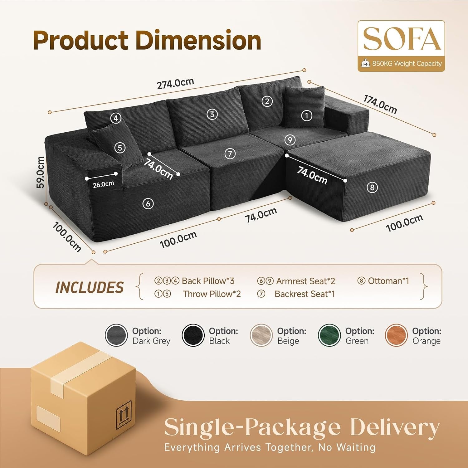 275 Cm Modular L-Shaped Sectional Sofa, 3/4 Seater Corner Sofa with Chaise Lounge, Boneless Cloud Couch, Modern Plush Corduroy Couch for Apartment & Living Room, No Assembly Required, Black