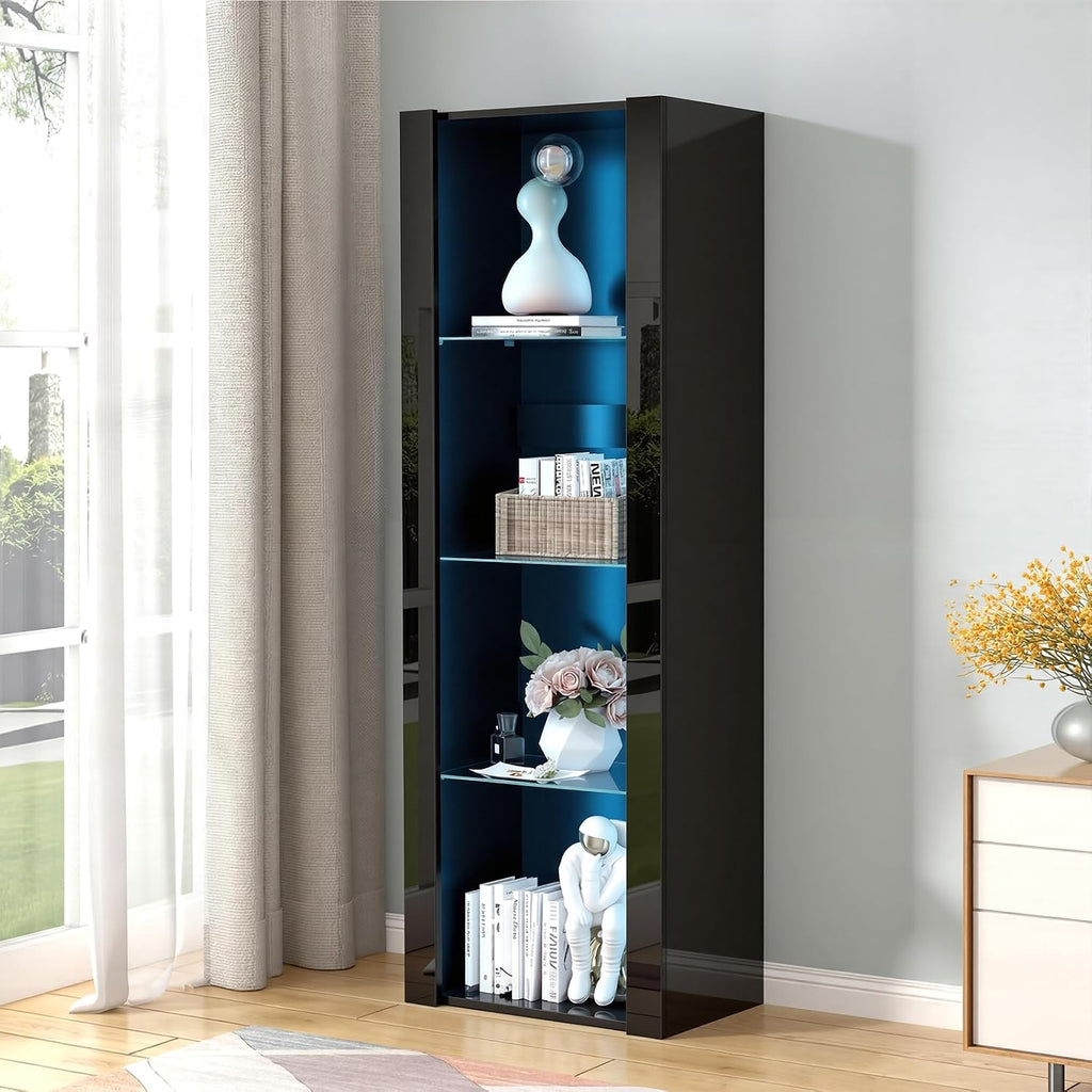 LED Tall Display Cabinet with Glass Shelf Modern Sideboard Cupboard Unit for Living Room Bedroom Furniture (Black Matt Body & Black High Gloss Fronts)