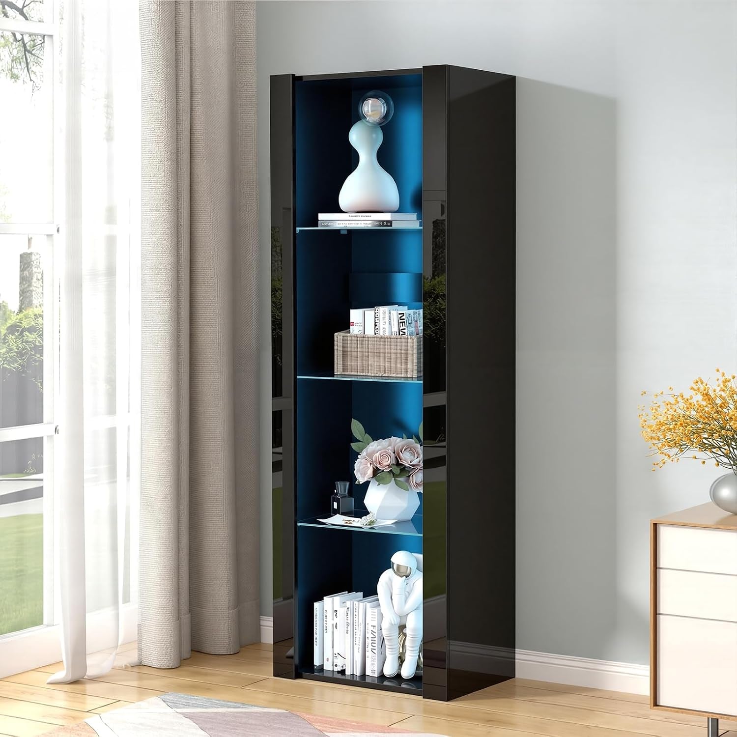 LED Tall Display Cabinet with Glass Shelf Modern Sideboard Cupboard Unit for Living Room Bedroom Furniture (Black Matt Body & Black High Gloss Fronts)
