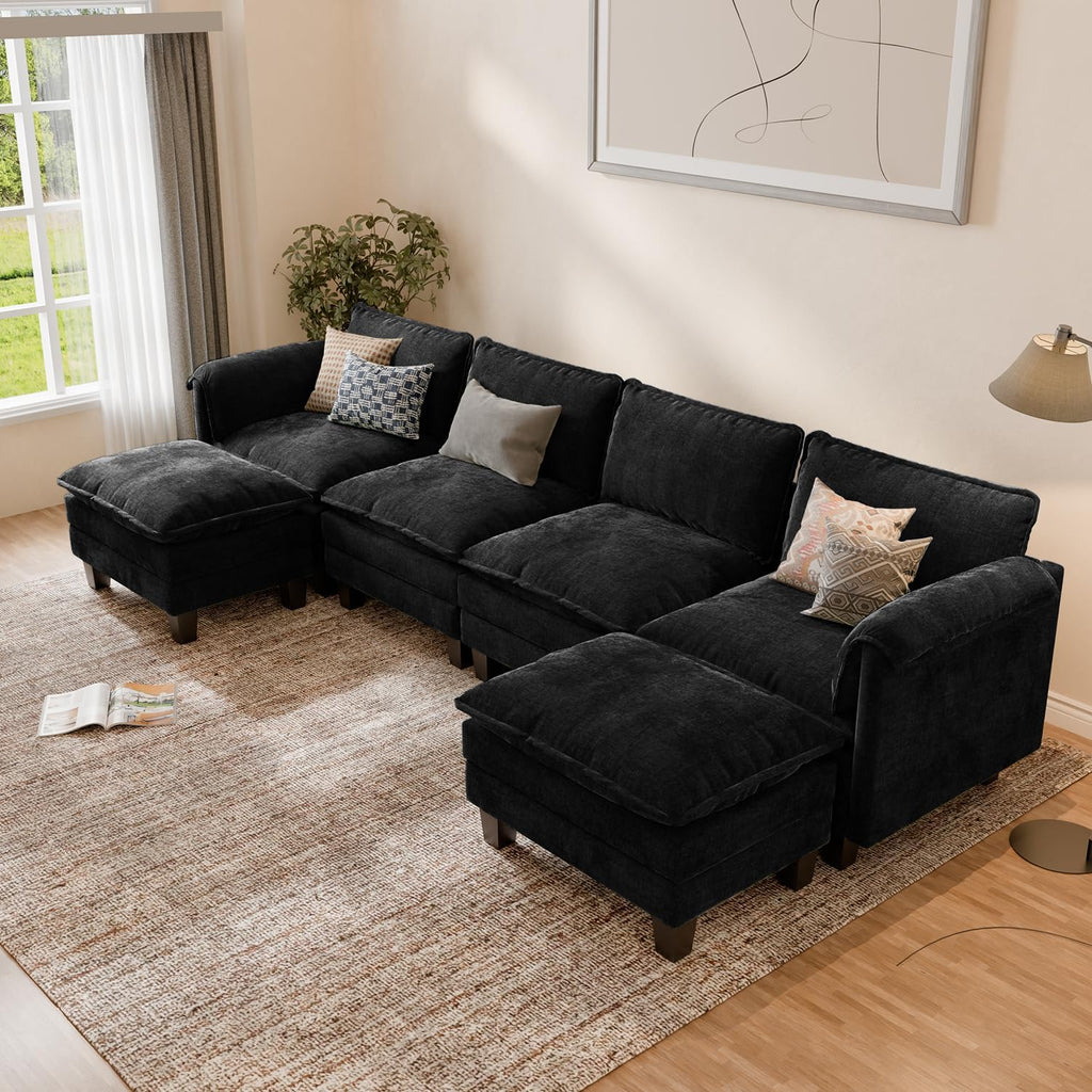 Modular Cloud Sofa, 256Cm Wide L-Shaped Sofa with Ottoman, Modern Chenille 3 Seater Corner Couch with 62Cm Deep Seat, Tool-Free Assembly for Living Room, Apartments & Guest Room, Black