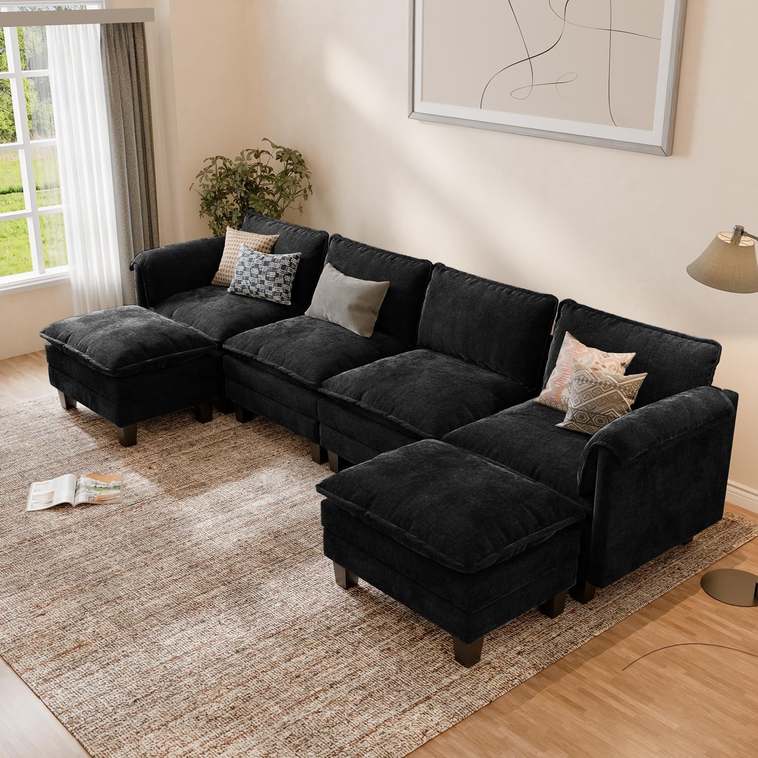 Modular Cloud Sofa, 256Cm Wide L-Shaped Sofa with Ottoman, Modern Chenille 3 Seater Corner Couch with 62Cm Deep Seat, Tool-Free Assembly for Living Room, Apartments & Guest Room, Black