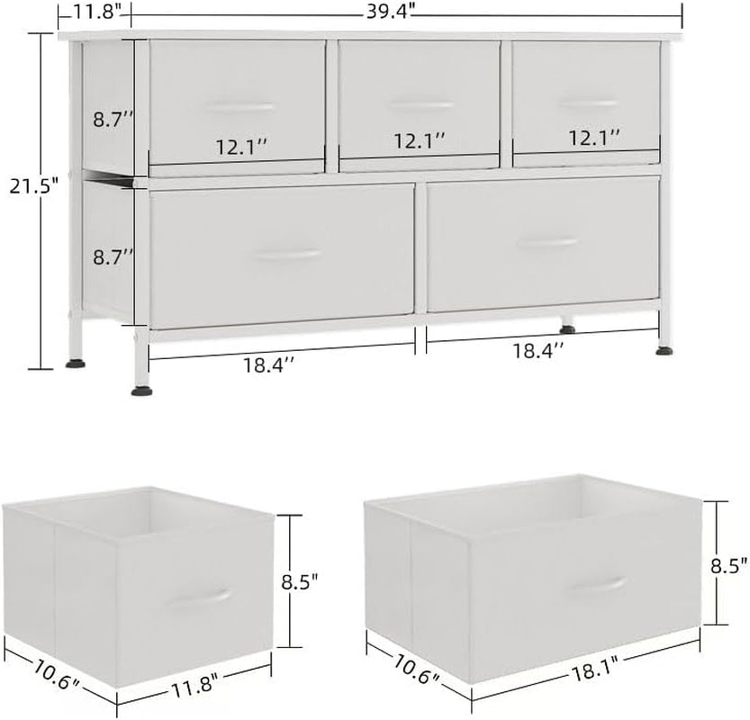 Chest of Drawers with 5 Drawers, White Fabric Dresser with Wood Top for Bedroom, Living Room, Large Storage Space