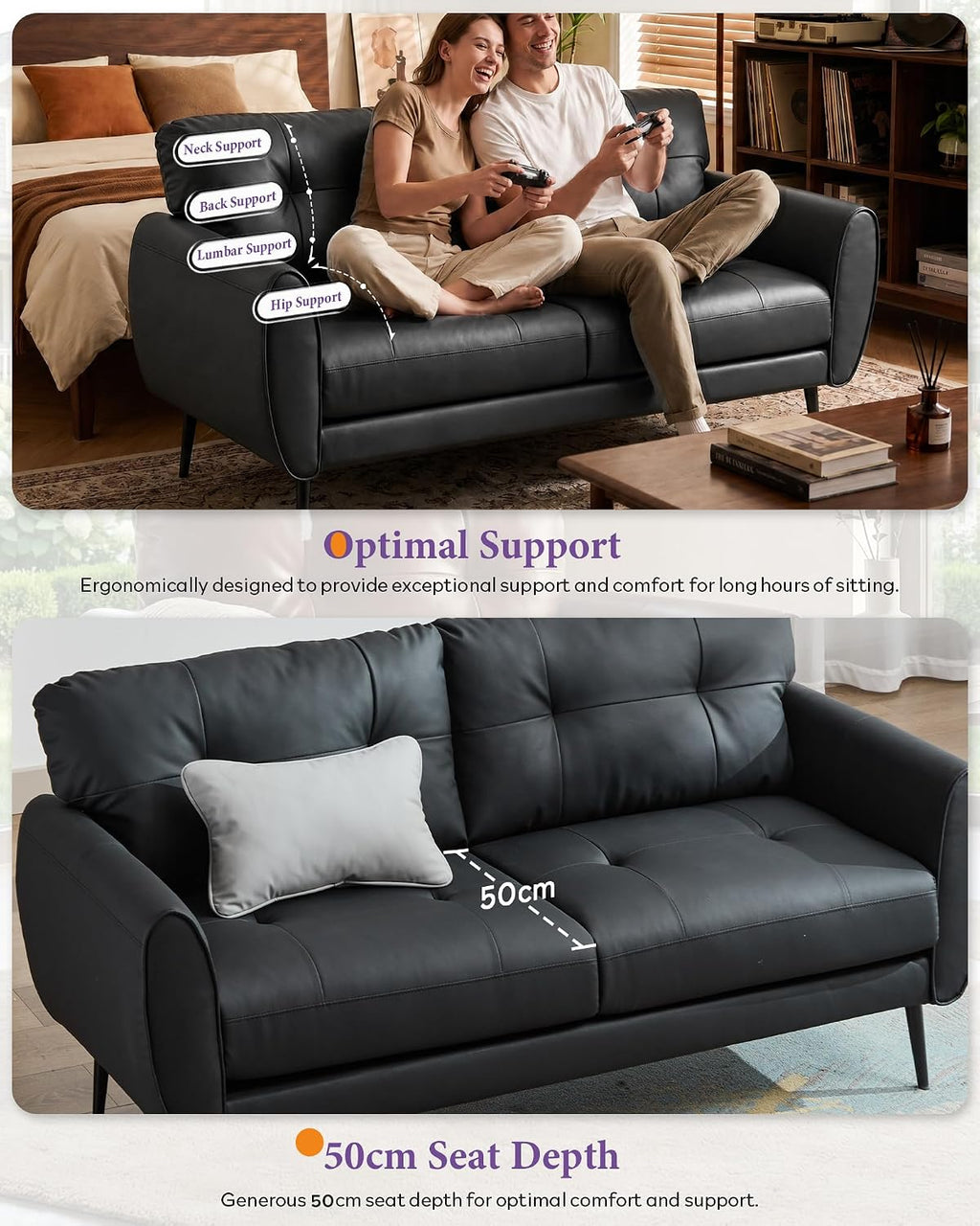 2 Seater PU Leather Loveseat Sofa for Small Spaces Black | Compact Modern Design Sofa for Livingroom Bedroom Home Office Stylish PU Leather Two-Seater Sofa Couch with Sturdy Frame