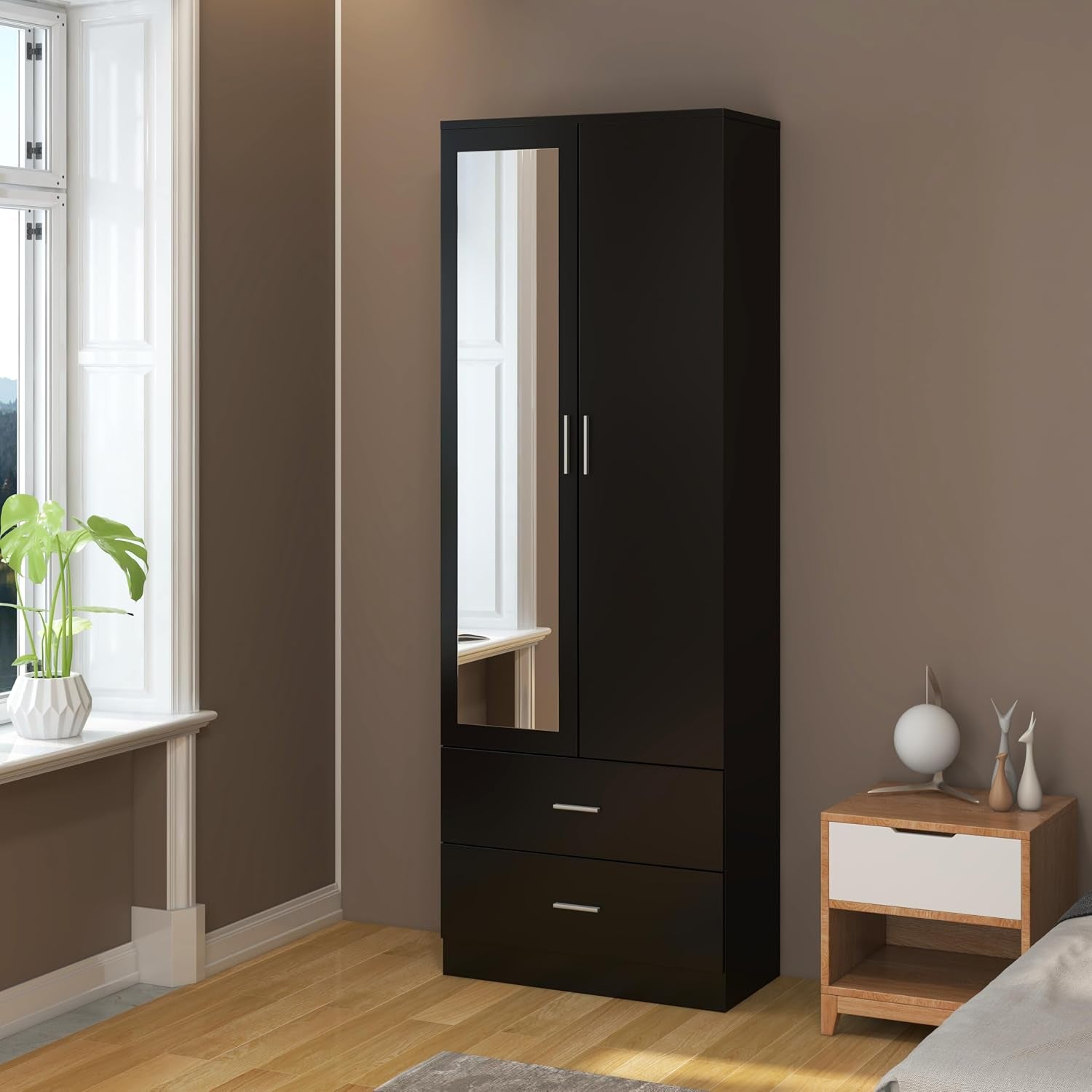 2 Door 2 Drawers Mirrored Wardrobe with Hanging Rail Wooden Clothes Storage Cupboards Unit for Bedroom Furniture 77 X 50 X 180 Cm (Black)