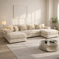 Sofaya Linen U Shaped Plain Sofa Full Back Sectional Chaise Sofa – Upholstered Fabric Couch with Cushions 4-5 Seater Sofa for Living Rooms (Cream Linen, U-Shaped Sofa)