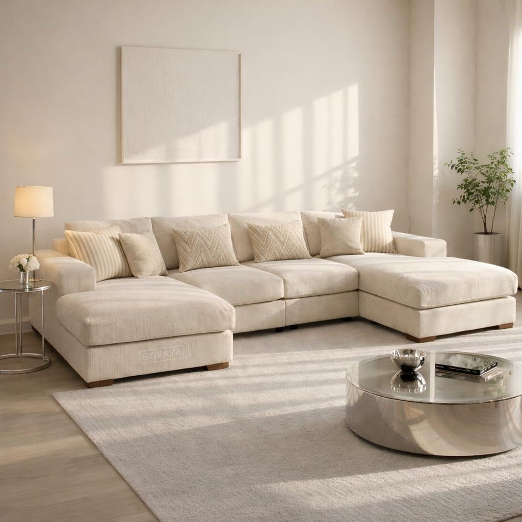 Sofaya Linen U Shaped Plain Sofa Full Back Sectional Chaise Sofa – Upholstered Fabric Couch with Cushions 4-5 Seater Sofa for Living Rooms (Cream Linen, U-Shaped Sofa)