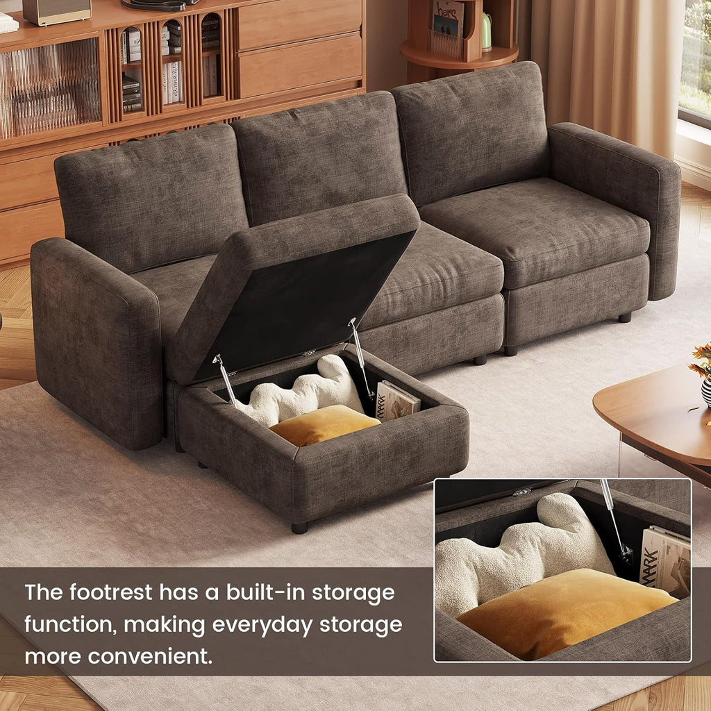 90.15" Large Modular Sectional Sofa, 5-Seater U-Shaped Couch with 2 Storage Ottoman, Deep Seat & Comfortable Upholstery, Wooden Frame for Apartment & Office, Brown